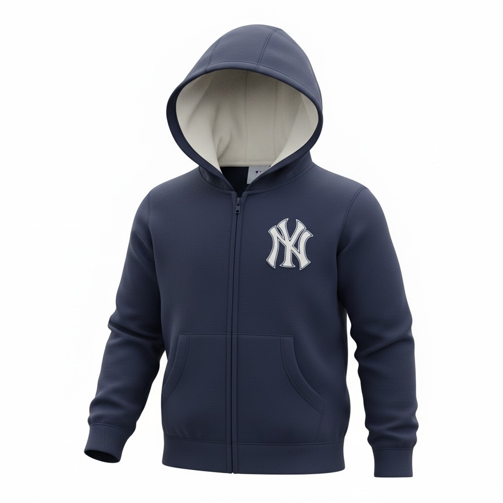 Vintage MLB New York Yankees Navy Blue Zip-Up Hoodie Warm Lined Pockets Kids 5/6